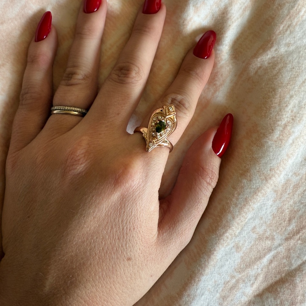 Rose Gold and Green Ornate Statement Ring